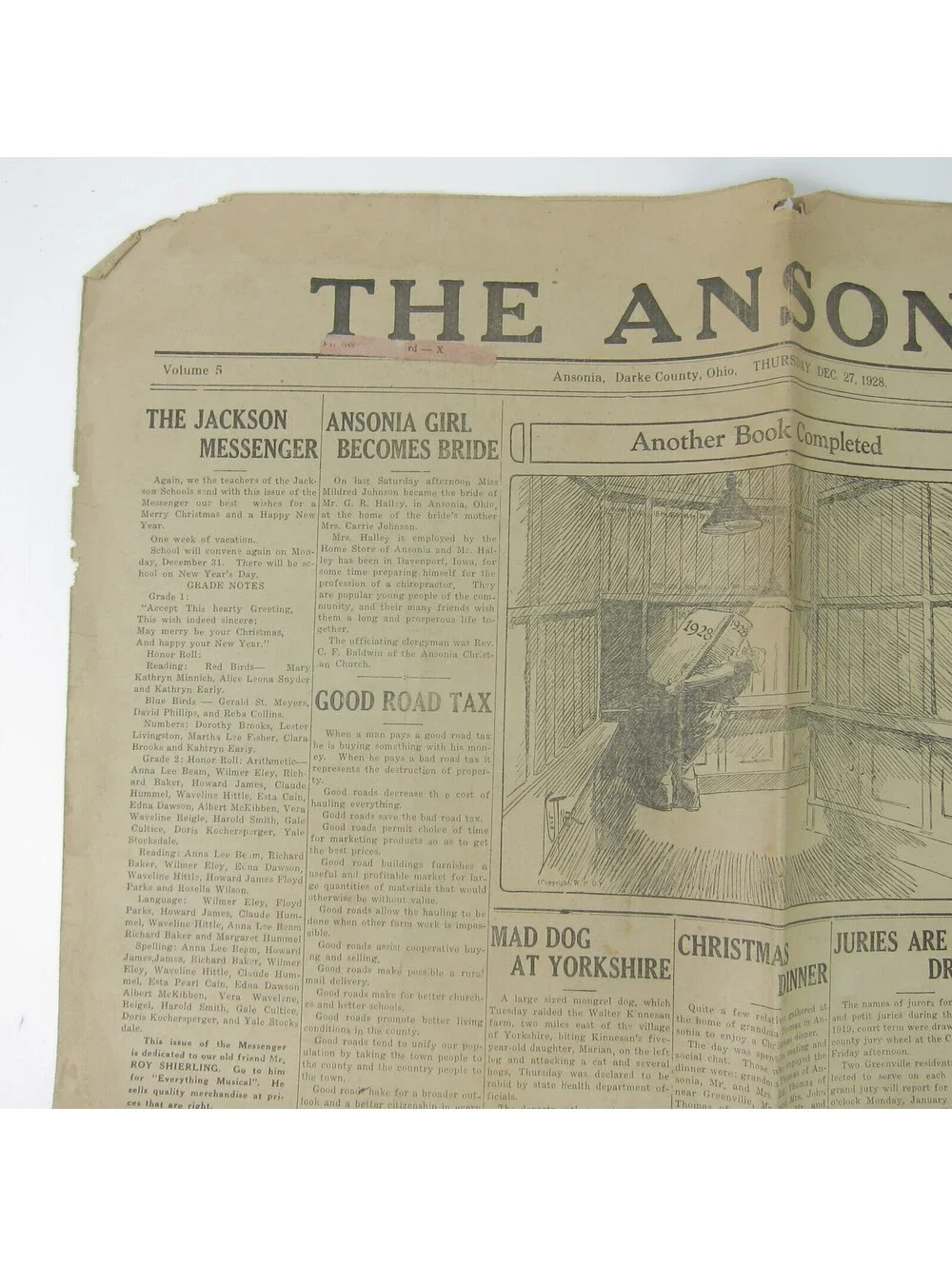 The Ansonian Newspaper Ansonia Darke County Ohio Thursday Dec 1928 Antique RARE